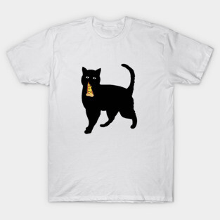Black Cat Stealing and Eating Pizza Funny T-Shirt