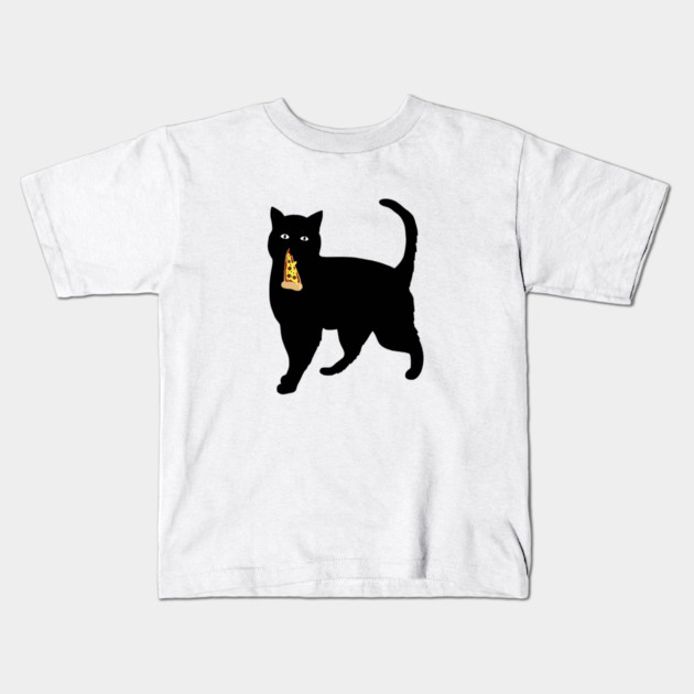 Black Cat Stealing and Eating Pizza Funny Kids T-Shirt by logiamerch