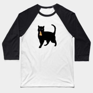 Black Cat Stealing and Eating Pizza Funny Baseball T-Shirt