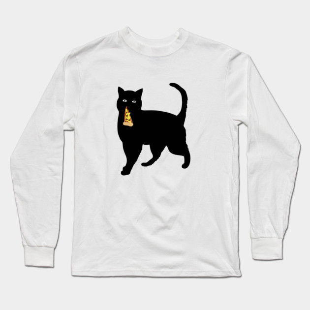Black Cat Stealing and Eating Pizza Funny Long Sleeve T-Shirt by logiamerch