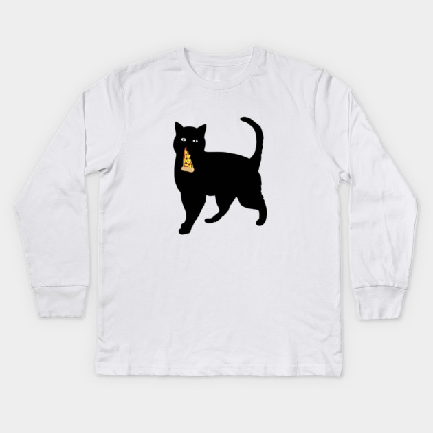 Black Cat Stealing and Eating Pizza Funny Kids Long Sleeve T-Shirt by logiamerch