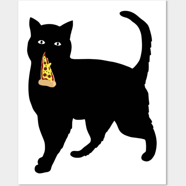 Black Cat Stealing and Eating Pizza Funny Wall Art by logiamerch