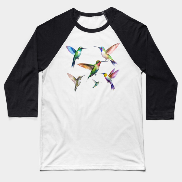 Colorful Hummingbirds in Flight Baseball T-Shirt by DonWillisJrArt