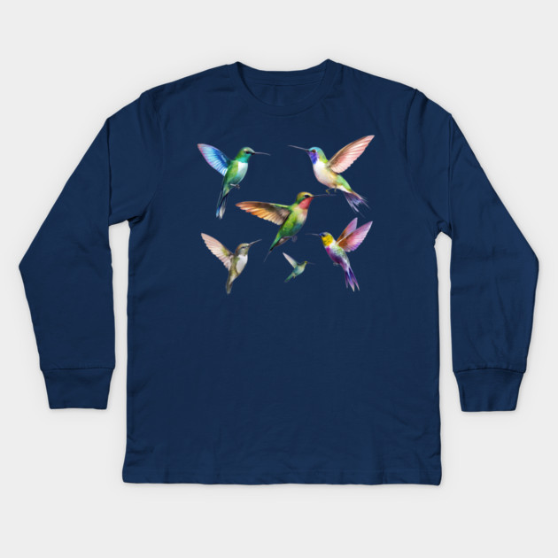 Colorful Hummingbirds in Flight Kids Long Sleeve T-Shirt by DonWillisJrArt