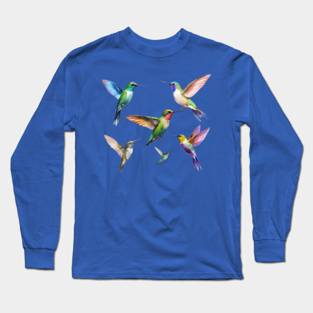 Colorful Hummingbirds in Flight Long Sleeve T-Shirt by DonWillisJrArt
