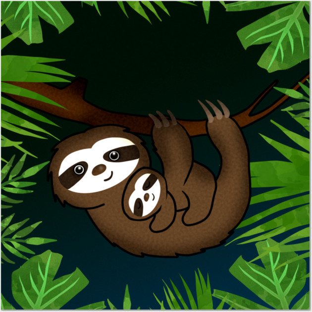 Cute sloth Mom with cub Baby sloth Wall Art by logiamerch