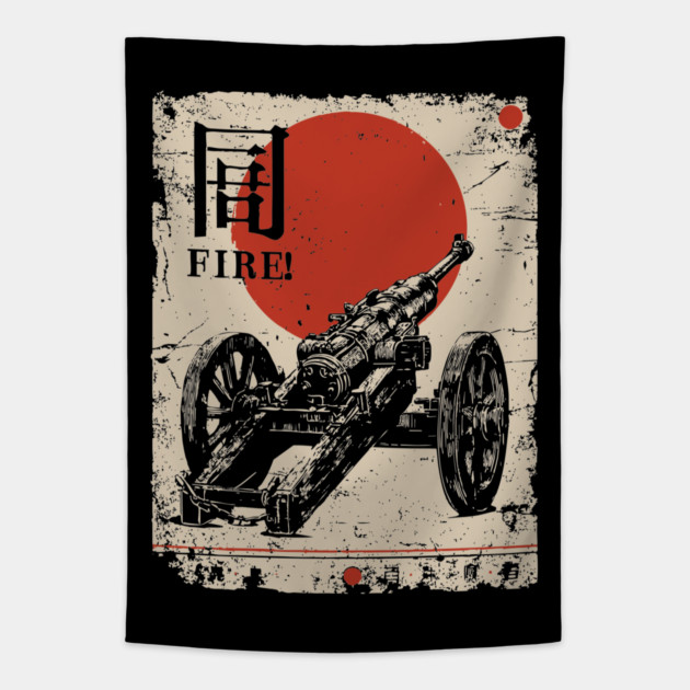 World War Artillery - Woodblock Print Tapestry by TuncGK