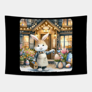 Easter Rabbit Innkeeper Welcomes Guests. Easter-Themed Inn Tapestry