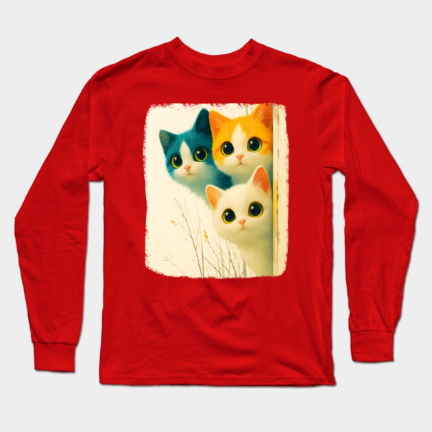 Adorable Trio of Colorful Big-Eyed Kittens Long Sleeve T-Shirt by Premachandra's Store