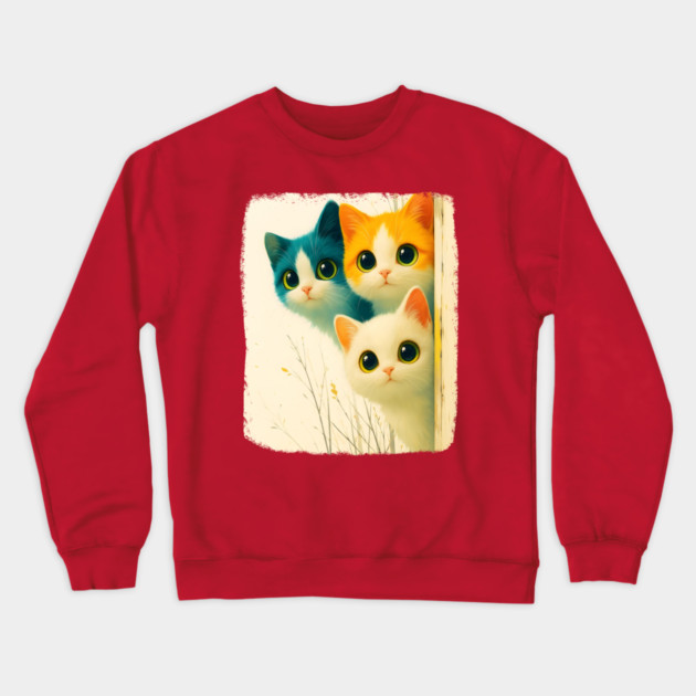Adorable Trio of Colorful Big-Eyed Kittens Crewneck Sweatshirt by Premachandra's Store