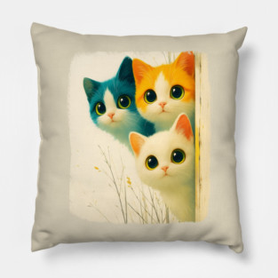 Adorable Trio of Colorful Big-Eyed Kittens Pillow