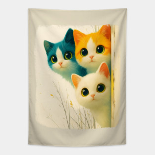Adorable Trio of Colorful Big-Eyed Kittens Tapestry