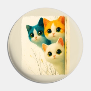 Adorable Trio of Colorful Big-Eyed Kittens Pin