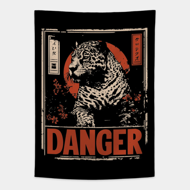 Dangerous Leopard Warning Poster - Retro Wildlife Power Art Tapestry by TuncGK