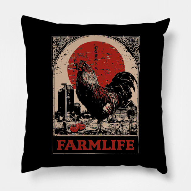 Vintage Rooster Farm Life Poster - Rustic Country Style Art Pillow by TuncGK