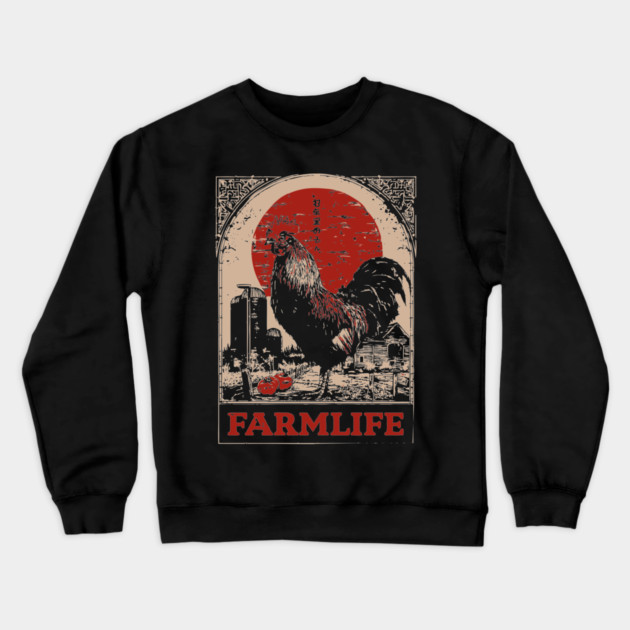 Vintage Rooster Farm Life Poster - Rustic Country Style Art Crewneck Sweatshirt by TuncGK