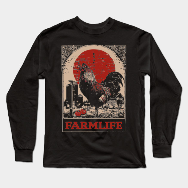 Vintage Rooster Farm Life Poster - Rustic Country Style Art Long Sleeve T-Shirt by TuncGK