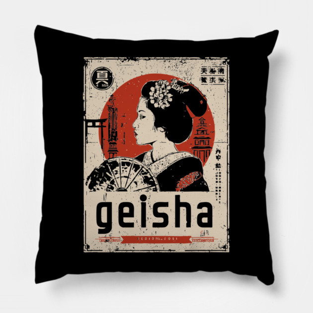 Elegant Geisha Vintage Poster - Traditional Japanese Beauty Art Pillow by TuncGK