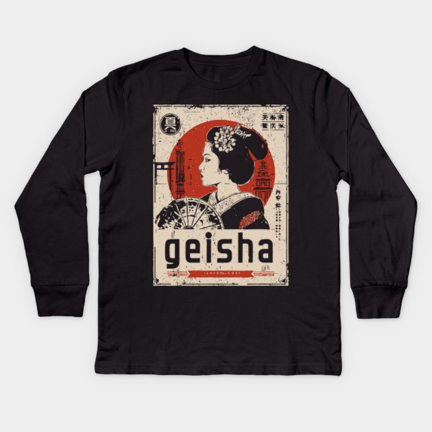 Elegant Geisha Vintage Poster - Traditional Japanese Beauty Art Kids Long Sleeve T-Shirt by TuncGK