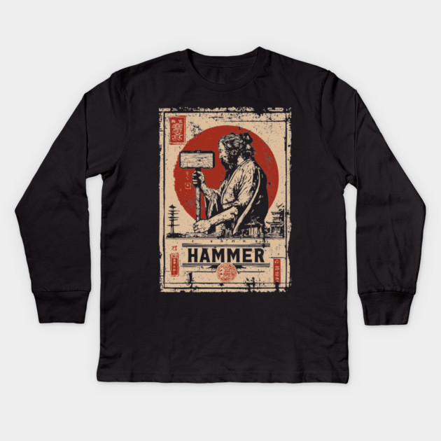 Hammer Worker Vintage Poster - Labor Strength Retro Art Kids Long Sleeve T-Shirt by TuncGK