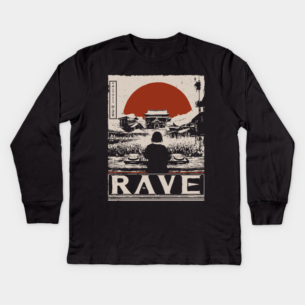 Rave DJ Poster - Vintage Electronic Music Festival Artwork Kids Long Sleeve T-Shirt by TuncGK