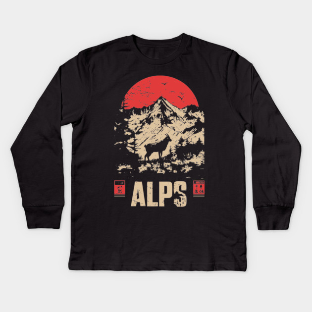Alps Mountain Poster - Vintage European Wilderness Landscape Art Kids Long Sleeve T-Shirt by TuncGK