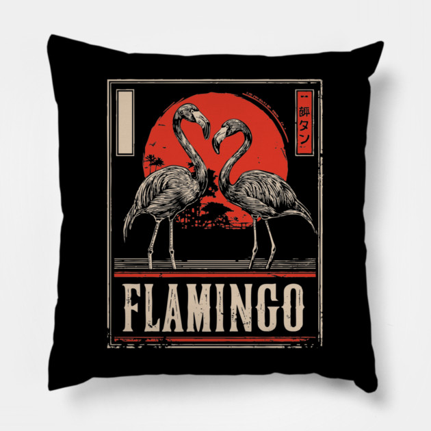 Flamingo Love Poster - Vintage Tropical Wildlife Art Pillow by TuncGK