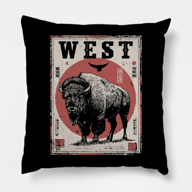 West Bison Poster - Vintage American Frontier Spirit Art Pillow by TuncGK