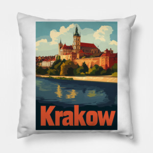 Wawel Castle stands proudly on the banks of the Vistula River, showcasing its stunning architecture against a bright blue sky. Colorful Pillow