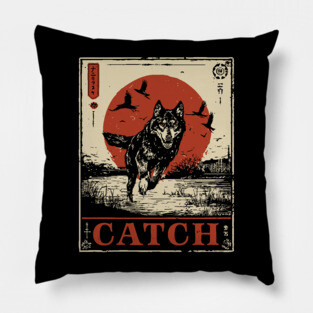 Wolf in the Wild Red Sun Japanese Retro Poster Pillow