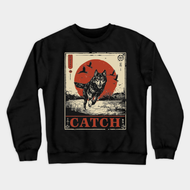 Wolf in the Wild Red Sun Japanese Retro Poster Crewneck Sweatshirt by TuncGK