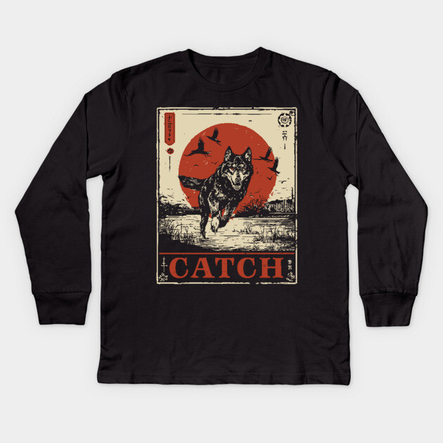 Wolf in the Wild Red Sun Japanese Retro Poster Kids Long Sleeve T-Shirt by TuncGK