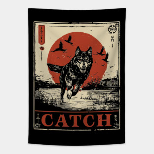 Wolf in the Wild Red Sun Japanese Retro Poster Tapestry