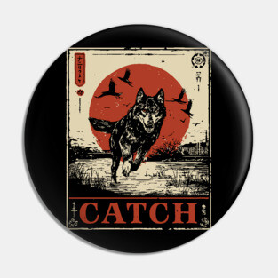 Wolf in the Wild Red Sun Japanese Retro Poster Pin