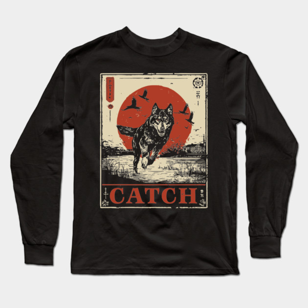 Wolf in the Wild Red Sun Japanese Retro Poster Long Sleeve T-Shirt by TuncGK