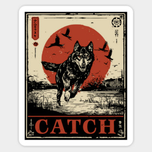 Wolf in the Wild Red Sun Japanese Retro Poster Sticker