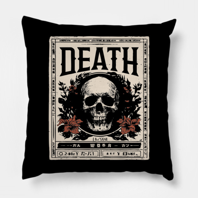Skull and Flowers Death Art in Japanese Retro Style Pillow by TuncGK