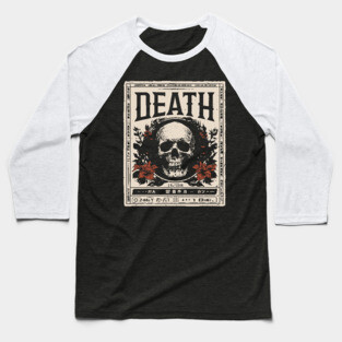 Skull and Flowers Death Art in Japanese Retro Style Baseball T-Shirt