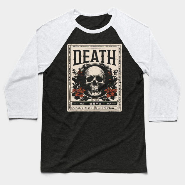 Skull and Flowers Death Art in Japanese Retro Style Baseball T-Shirt by TuncGK