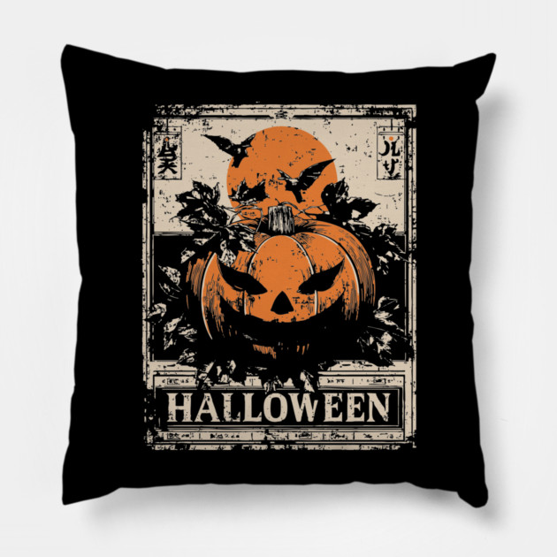 Evil Pumpkin Halloween Retro Japanese Poster Pillow by TuncGK