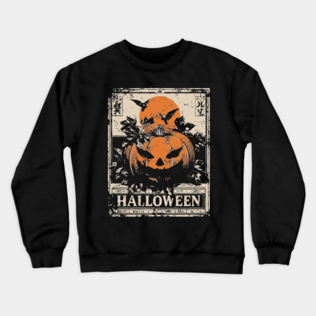Evil Pumpkin Halloween Retro Japanese Poster Crewneck Sweatshirt by TuncGK