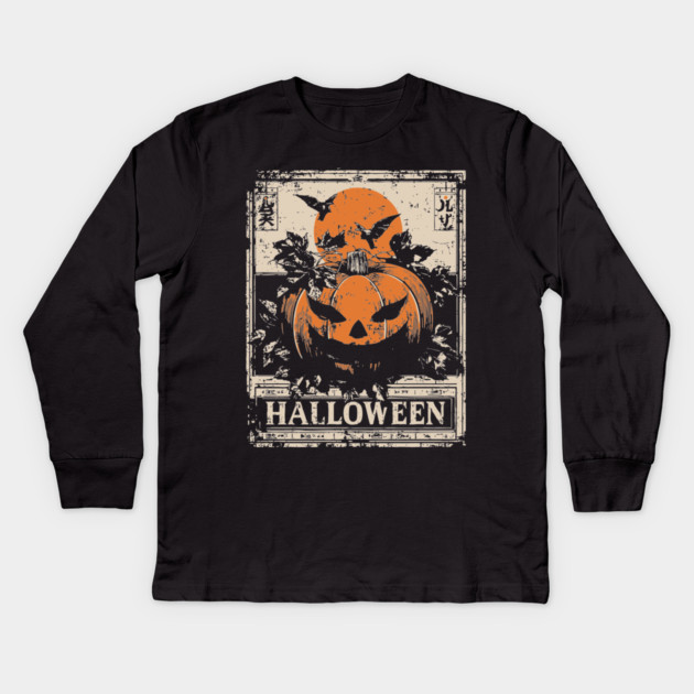Evil Pumpkin Halloween Retro Japanese Poster Kids Long Sleeve T-Shirt by TuncGK