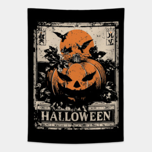 Evil Pumpkin Halloween Retro Japanese Poster Tapestry
