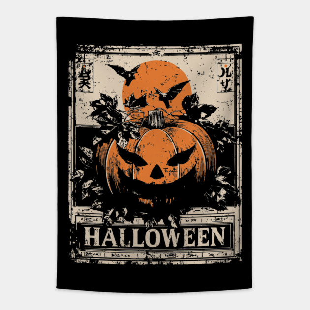 Evil Pumpkin Halloween Retro Japanese Poster Tapestry by TuncGK