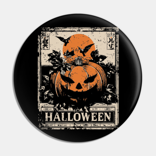 Evil Pumpkin Halloween Retro Japanese Poster Pin by TuncGK