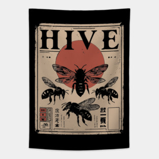 Bee Hive Invasion Retro Japanese Insect Poster Tapestry