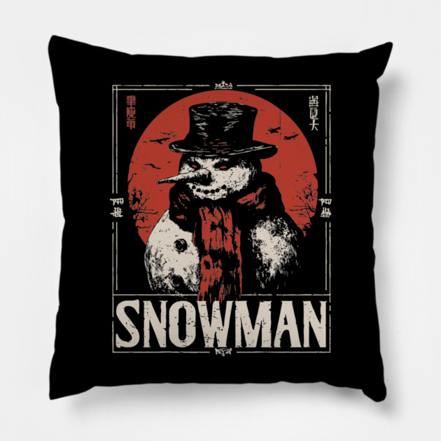 Creepy Snowman Winter Horror Retro Japanese Poster Pillow by TuncGK