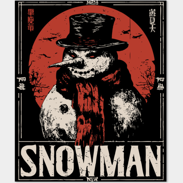 Creepy Snowman Winter Horror Retro Japanese Poster Wall Art by TuncGK