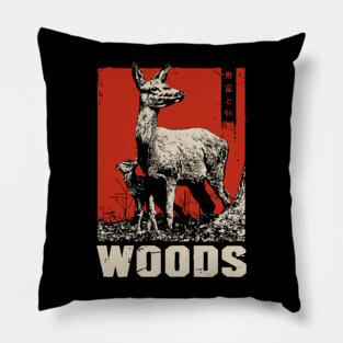 Vintage Deer and Baby in Forest Woods T-Shirt Pillow