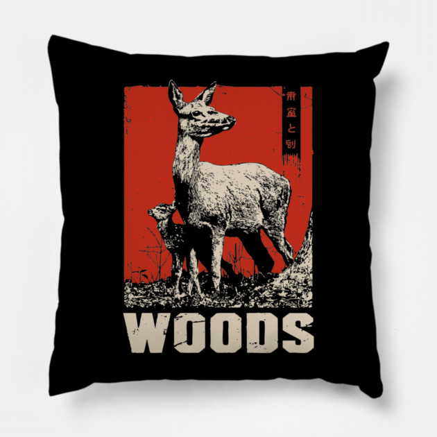 Vintage Deer and Baby in Forest Woods T-Shirt Pillow by TuncGK